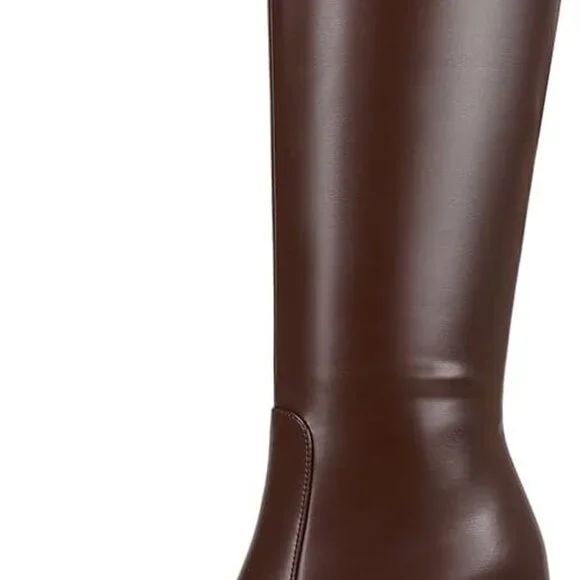 Knee High Boots Women Fall Boots Square Toe Faux Leather Tall Boots Chunky Heel